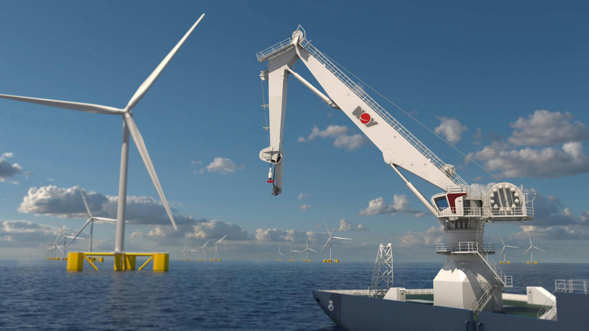 Render of an offshore electrical crane with wind turbines in the background