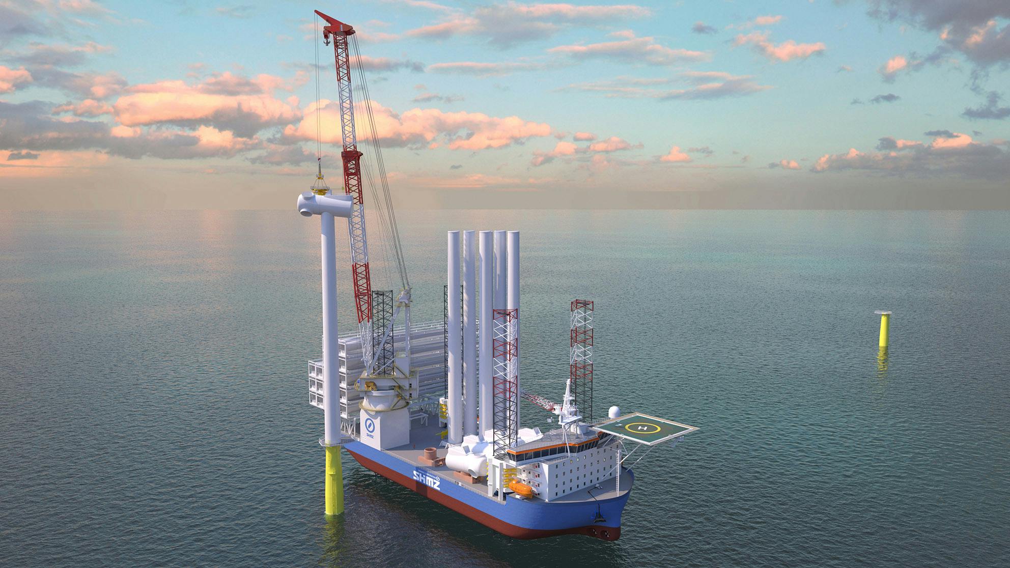 render of a crane lifting and assembling offshore wind turbines