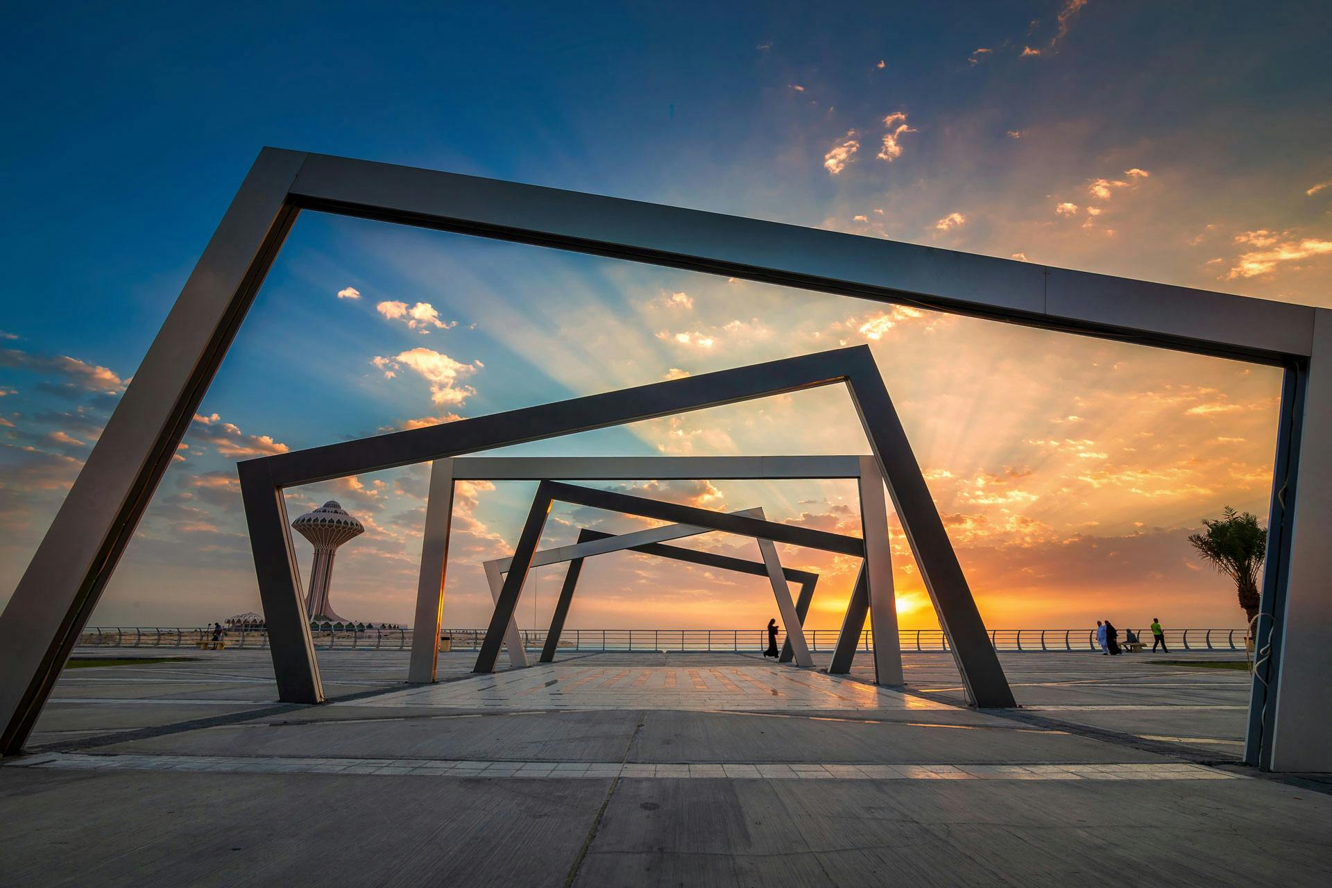 Sunrise view of art structure at Dammam Al Khobar Corniche, Saudi Arabia