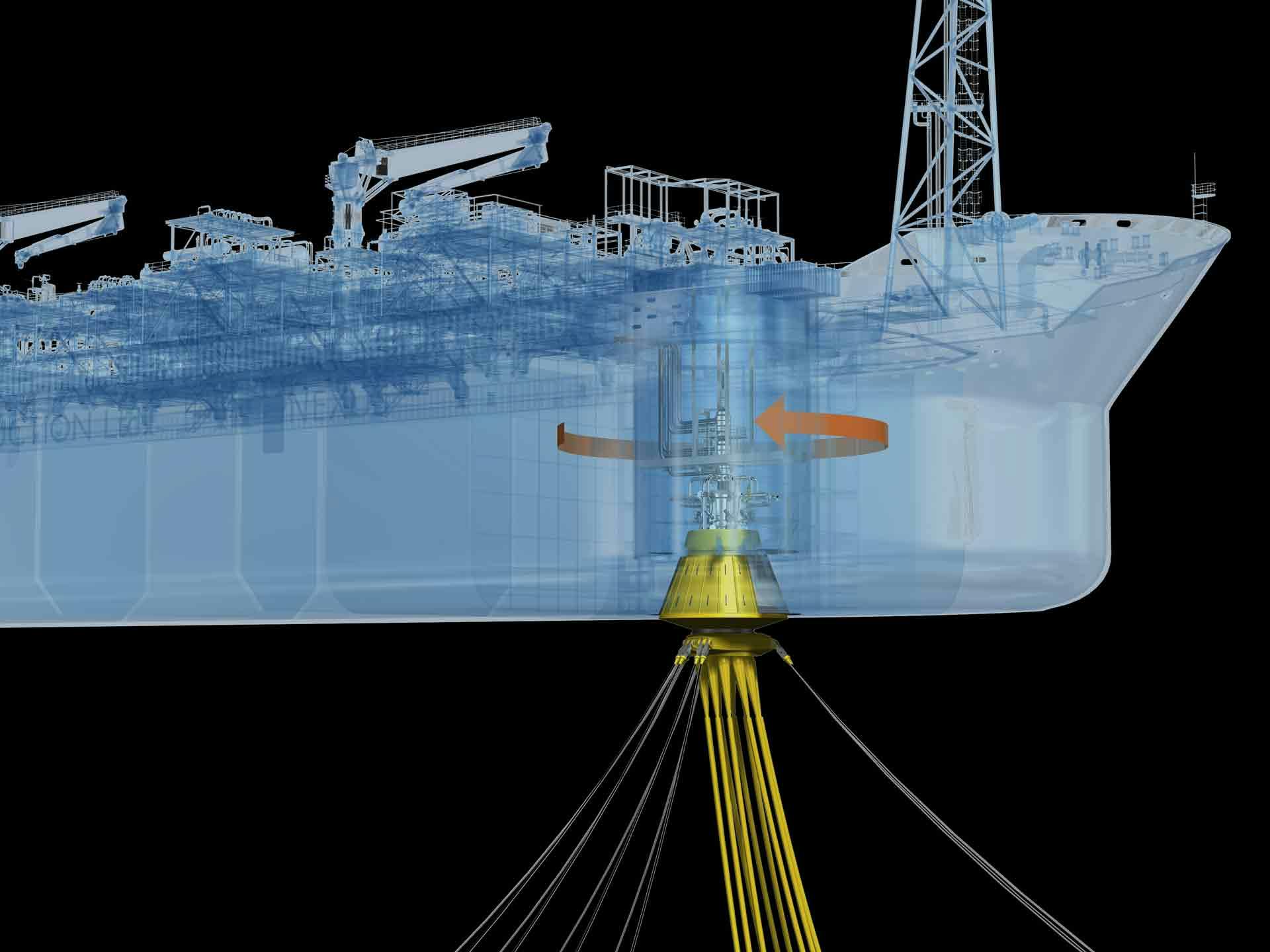 A render of an STP turret mooring system for FPSO vessels