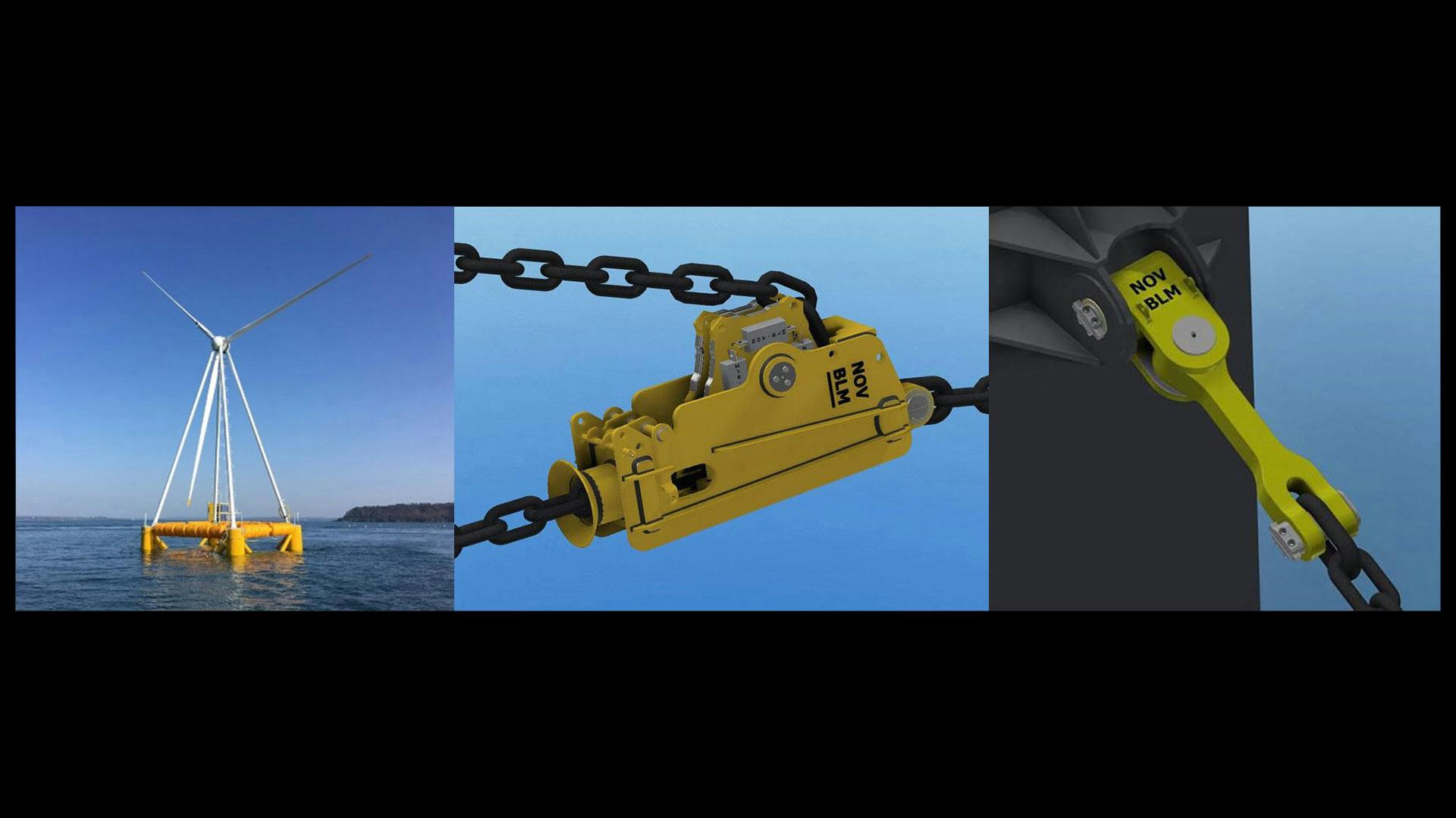 Renders of floating wind turbine at sea, mooring chain connector and chain tensioner