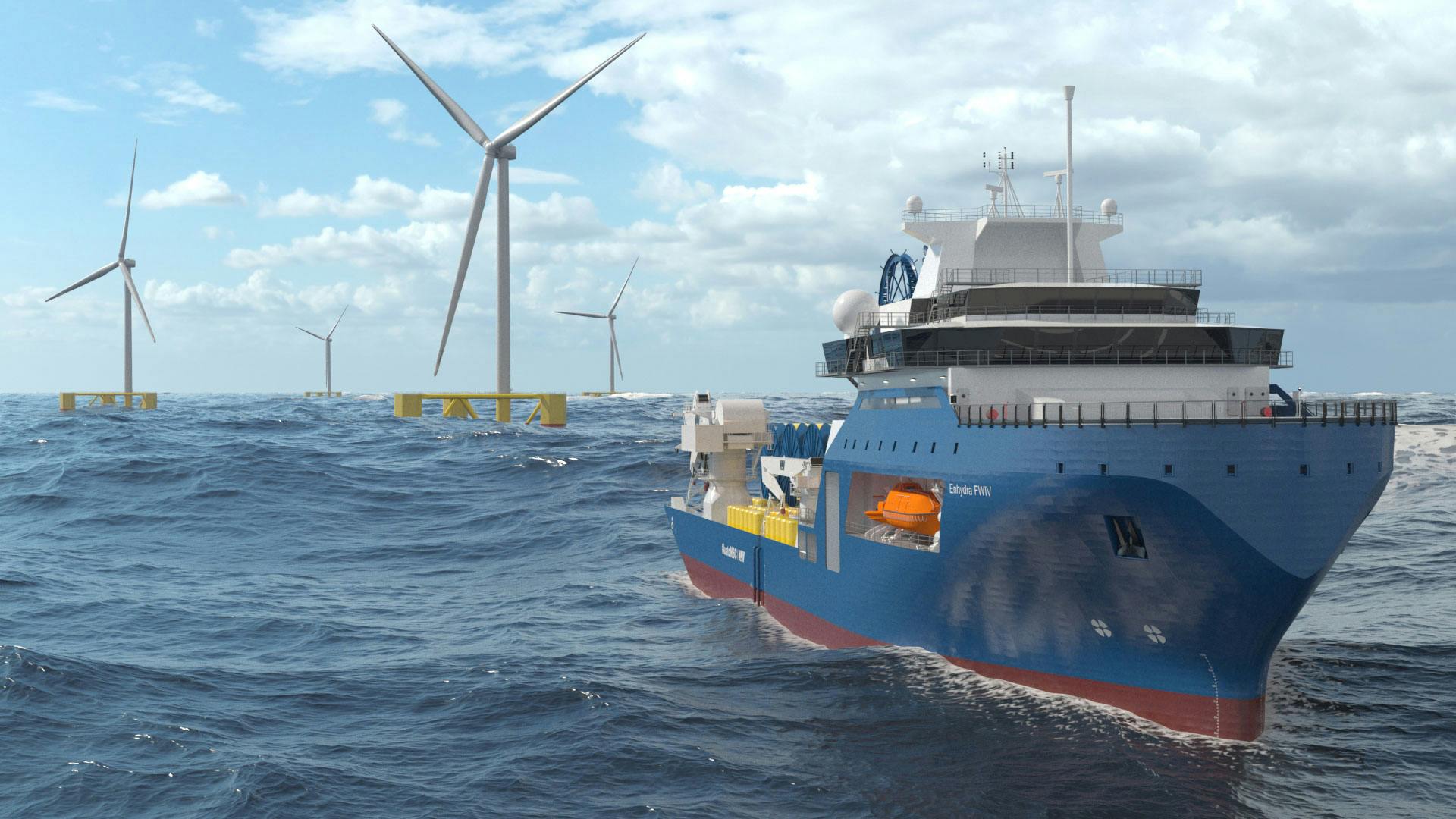 Render of an Enhydra FWIV floating wind installation vessel concept at sea, with wind turbines in the background