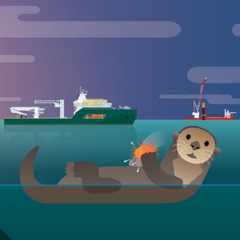 Illustration of a sea otter underwater with a boat, rig and wind turbine above water