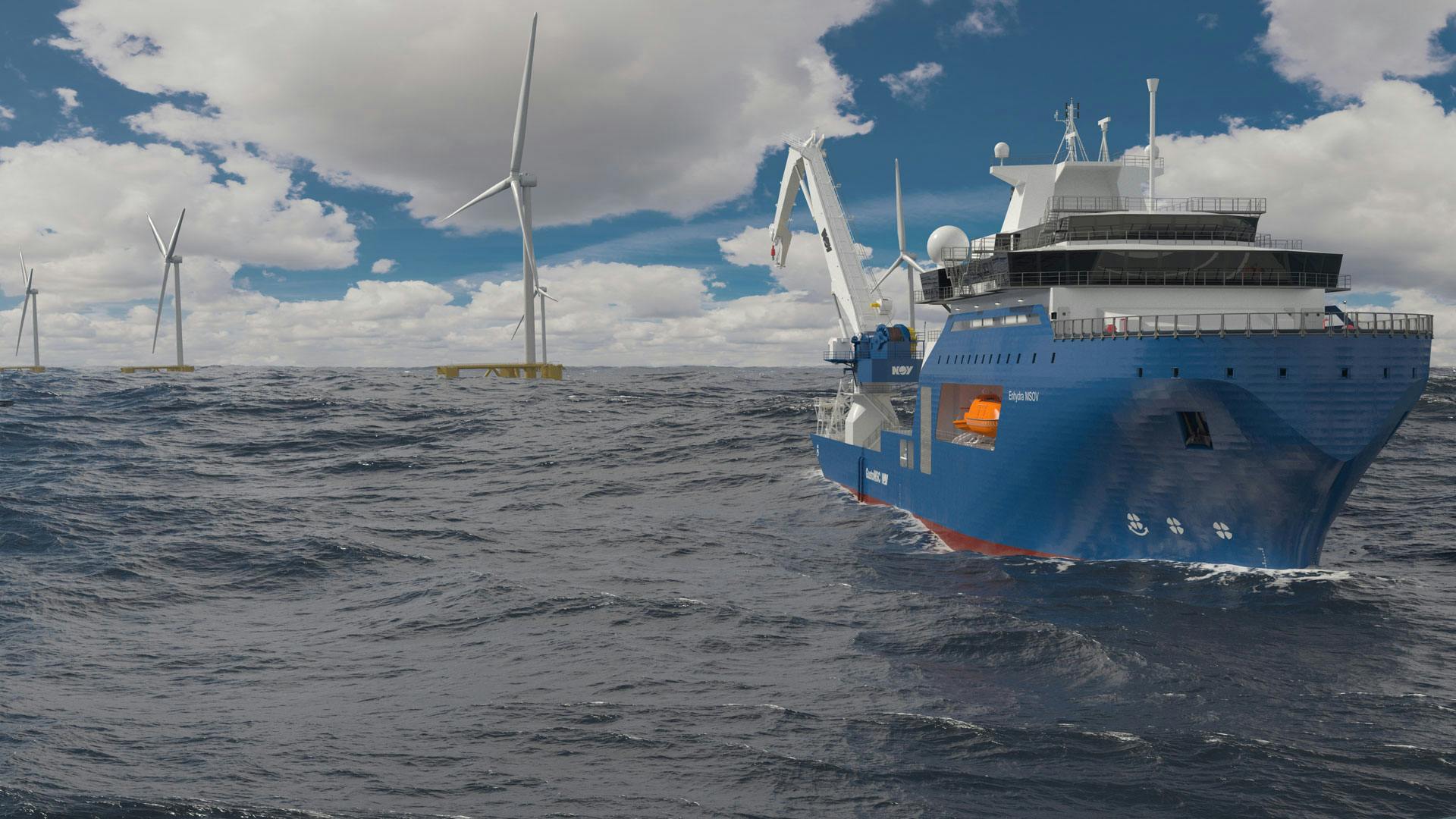 Vessel render with floating wind farm in background
