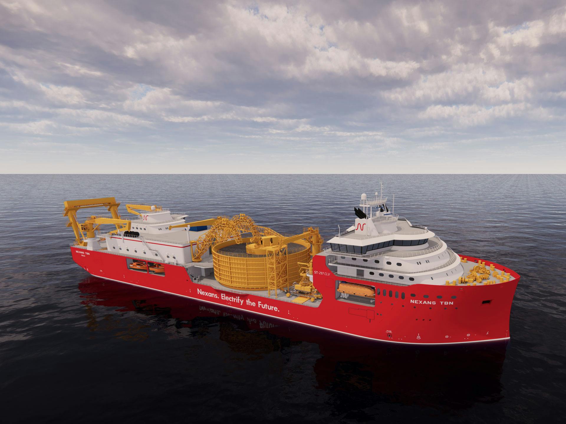 Render of a Nexans rig offshore, with horizon in the background