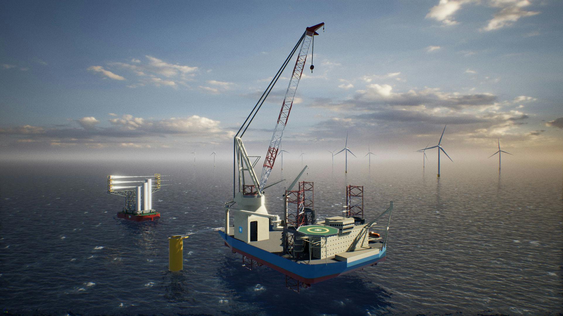 Render of a Maersk supply service wind installation vessel at sea