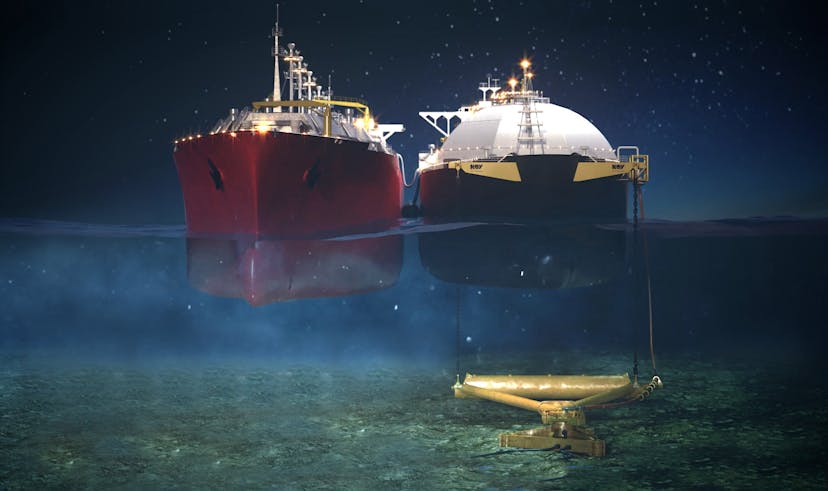 A rendering of two ships side by side at sea with an underwater view of the left one connecting to an APL tool