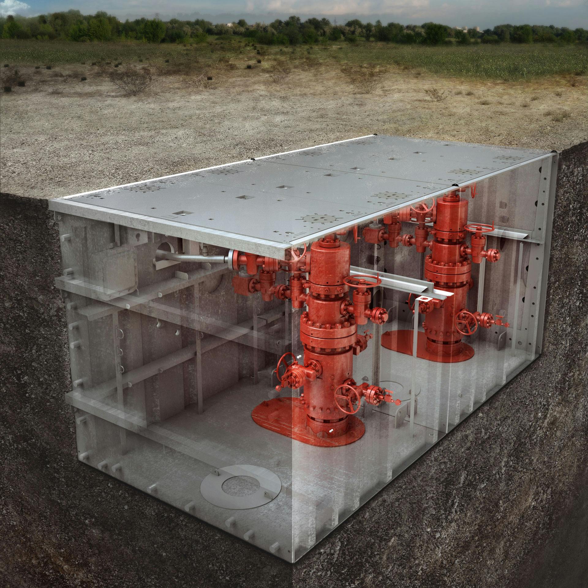 Render of a containment well cellar install, underground