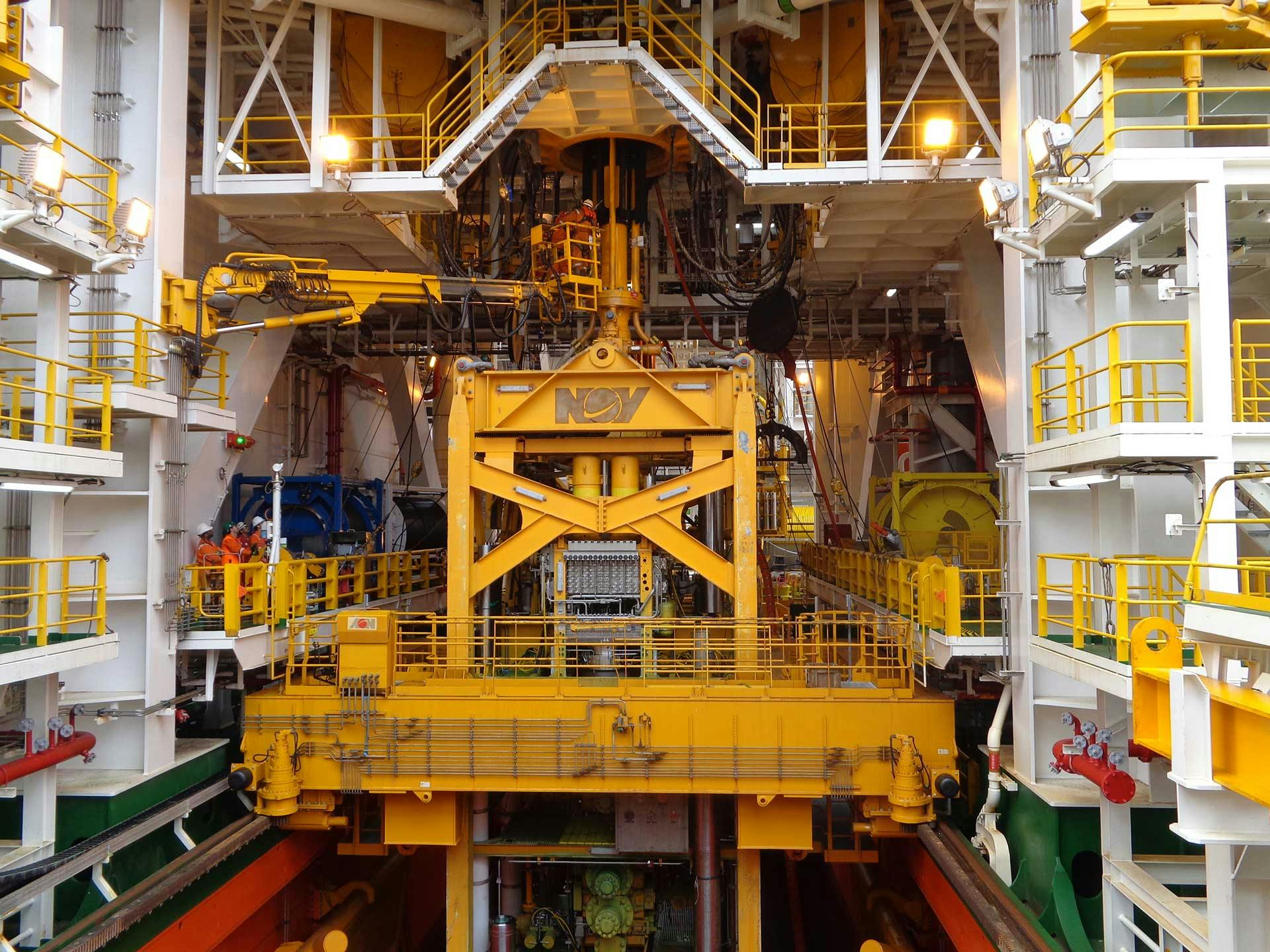 Offshore BOP stack in the moonpool of a drilling rig