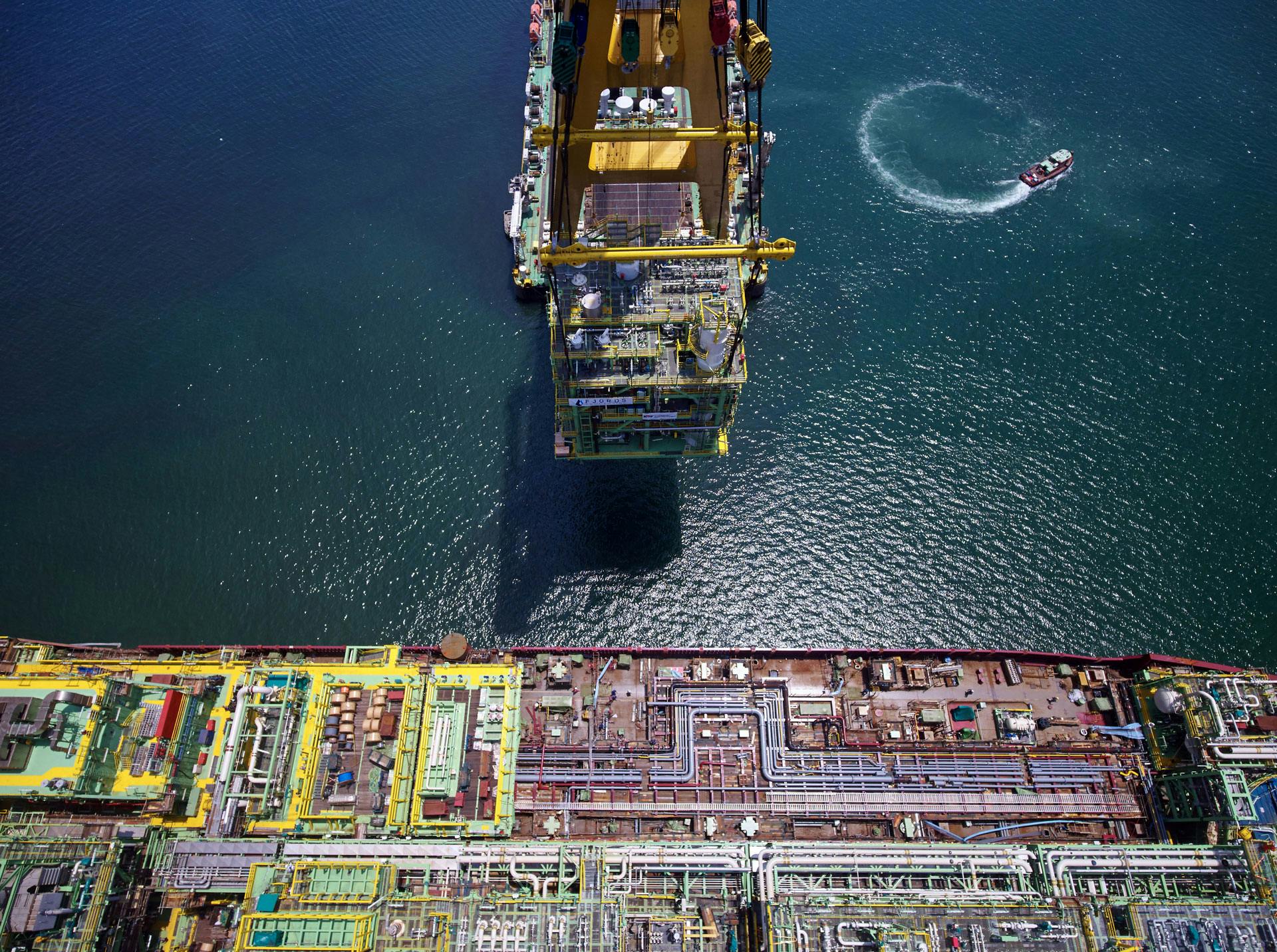 Aerial view of a Floating Production Storage and Offloading unit on water