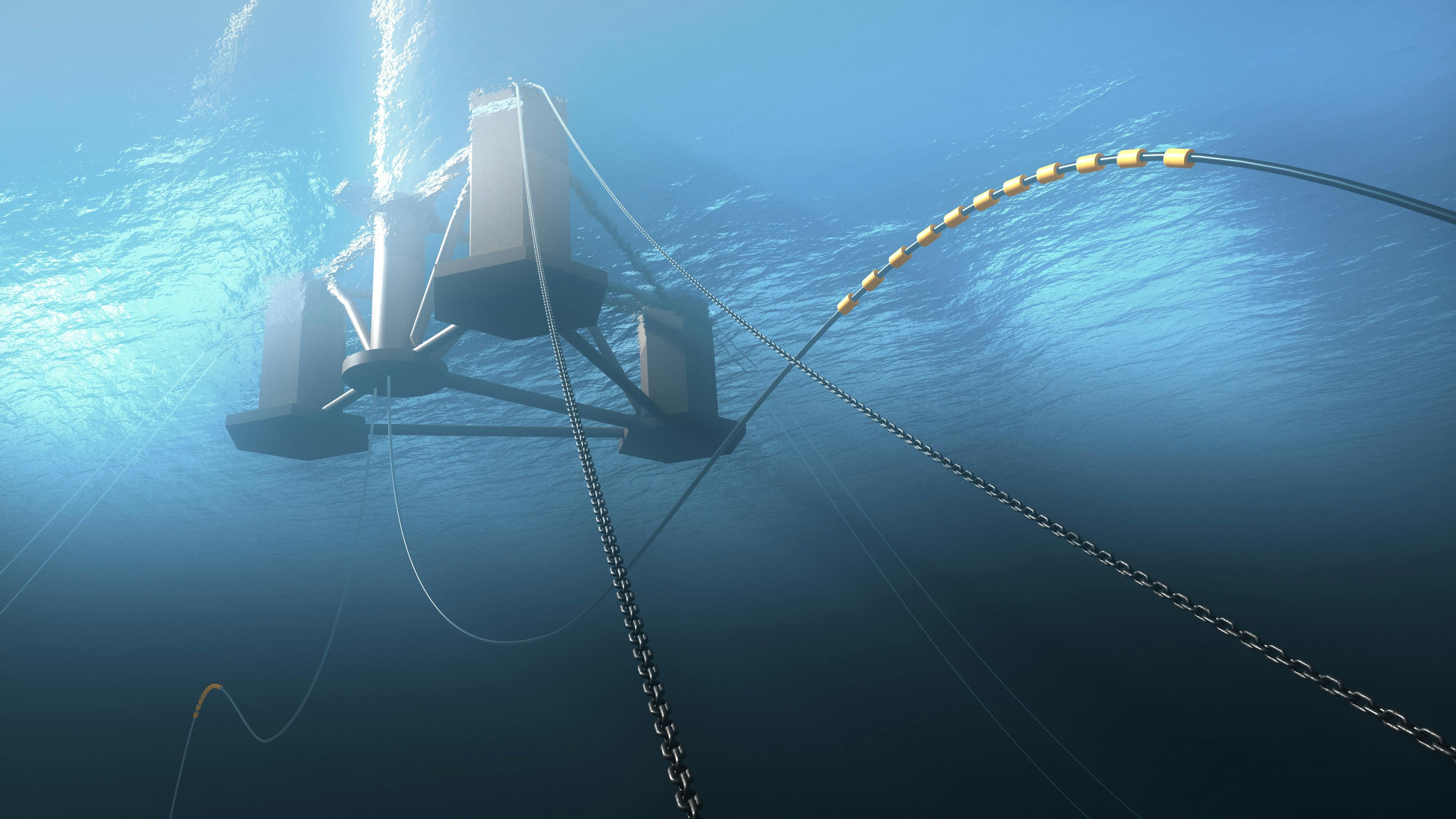 3D render of a mooring system for a tri-floater system 