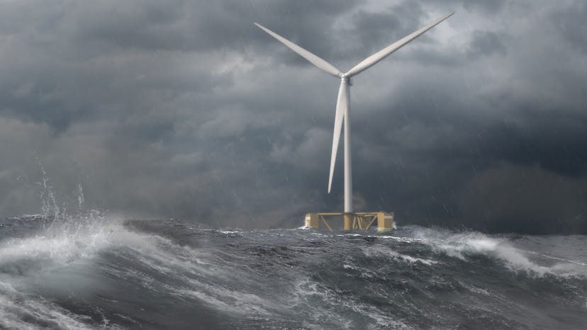 Floating offshore wind turbine during rainstorm