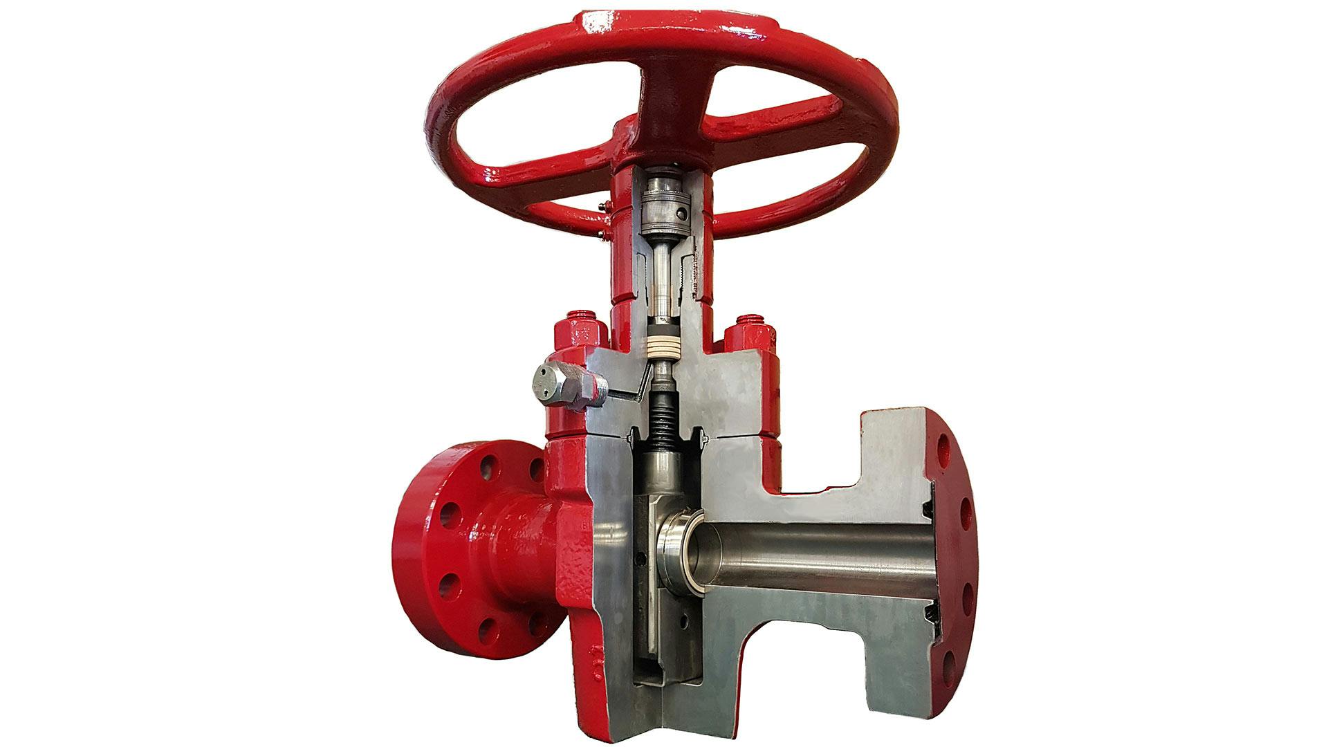 Render of a cross section of a red gate valve on a white background 