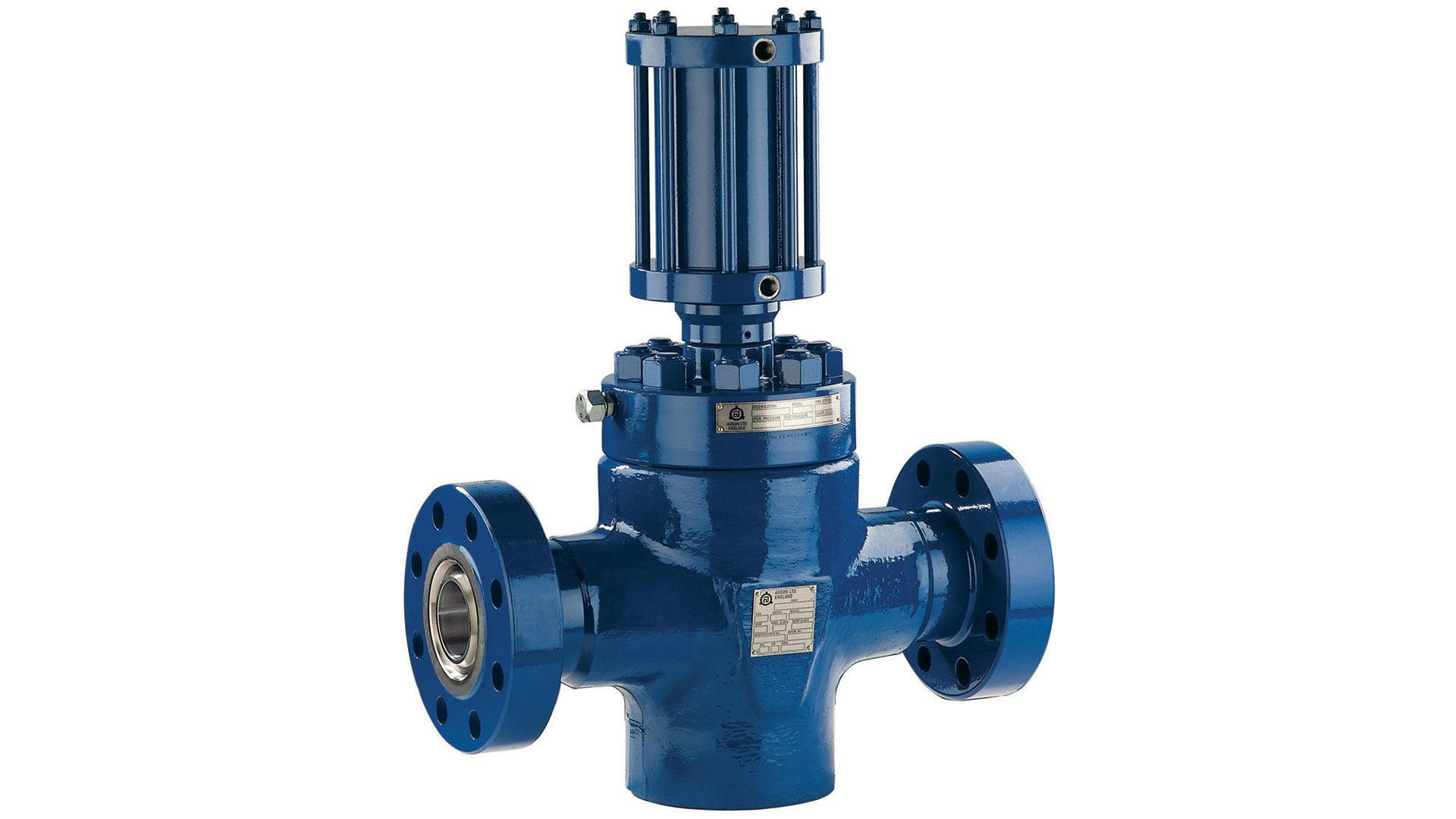 Render of a blue DA actuated e-type gate valve on a white background 