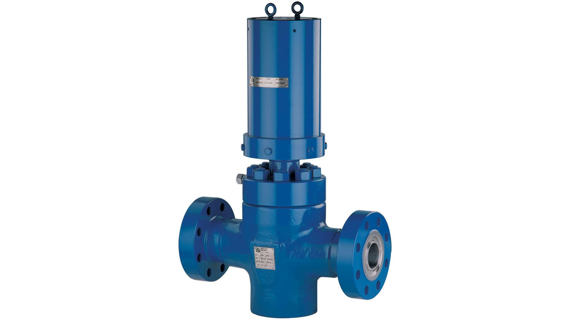 Render of a blue FS actuated e-type gate valve on a white background 