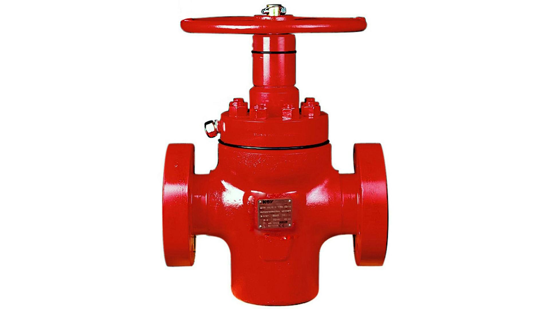 Render of a red GV 1 e-type gate valve on a white background 
