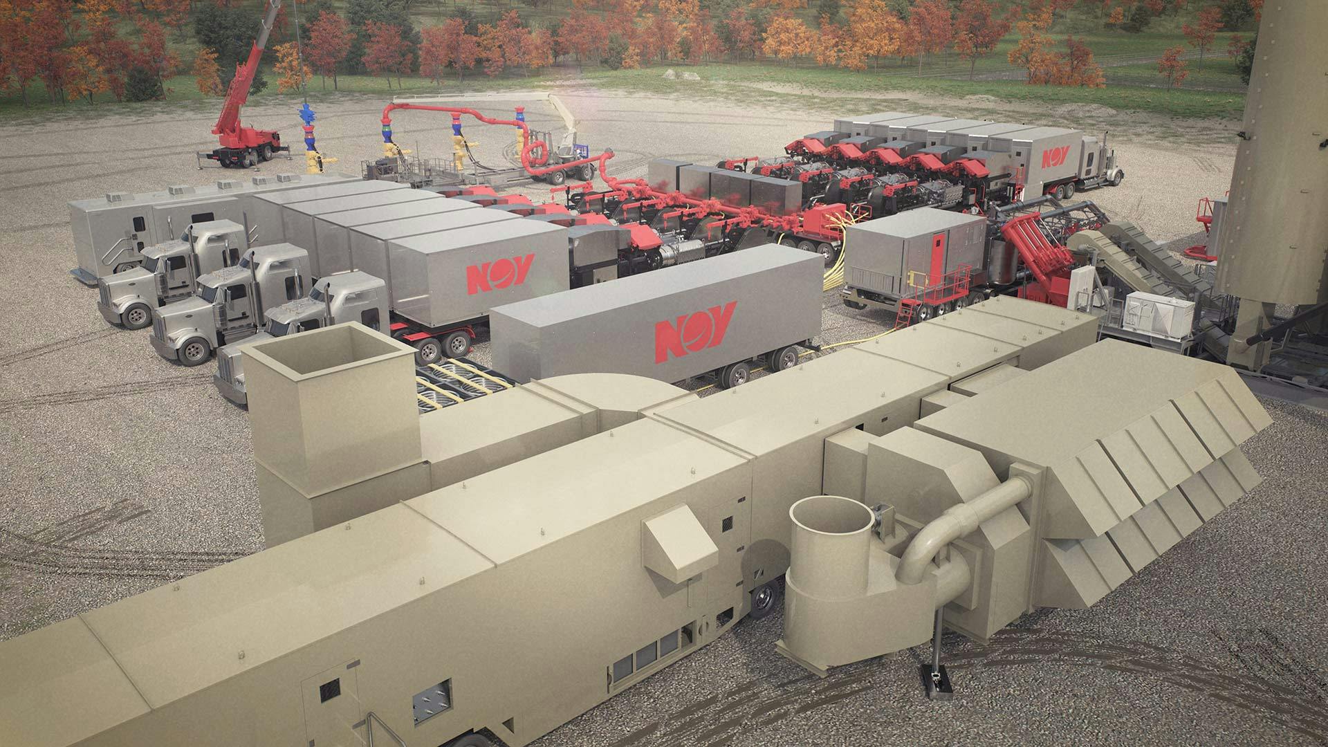 View of Ideal Electric Frac Fleet above the trucks