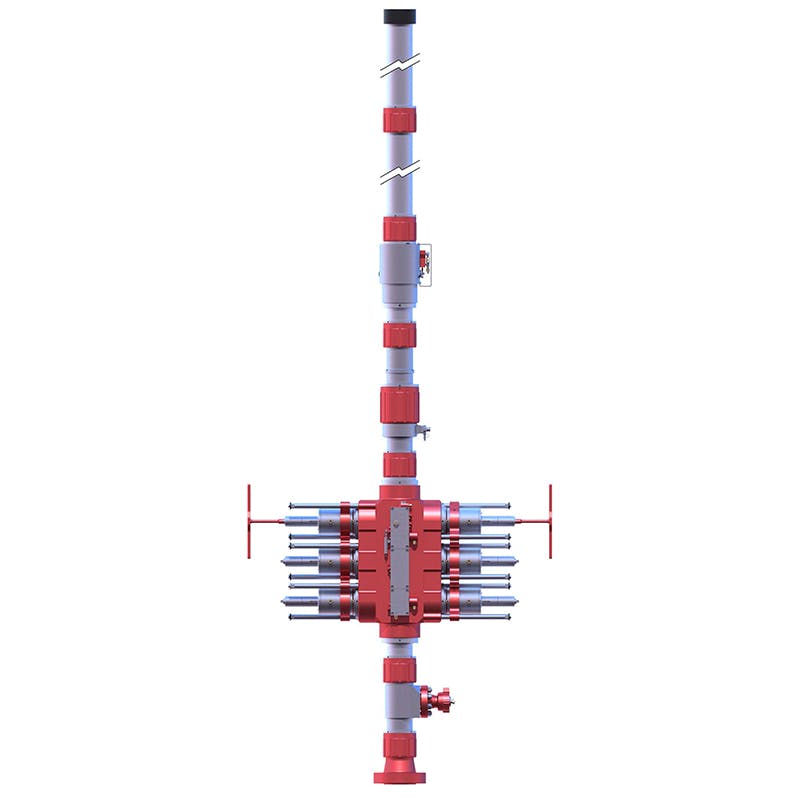 A render of a 12,500 psi PCE Wireline Frac tool