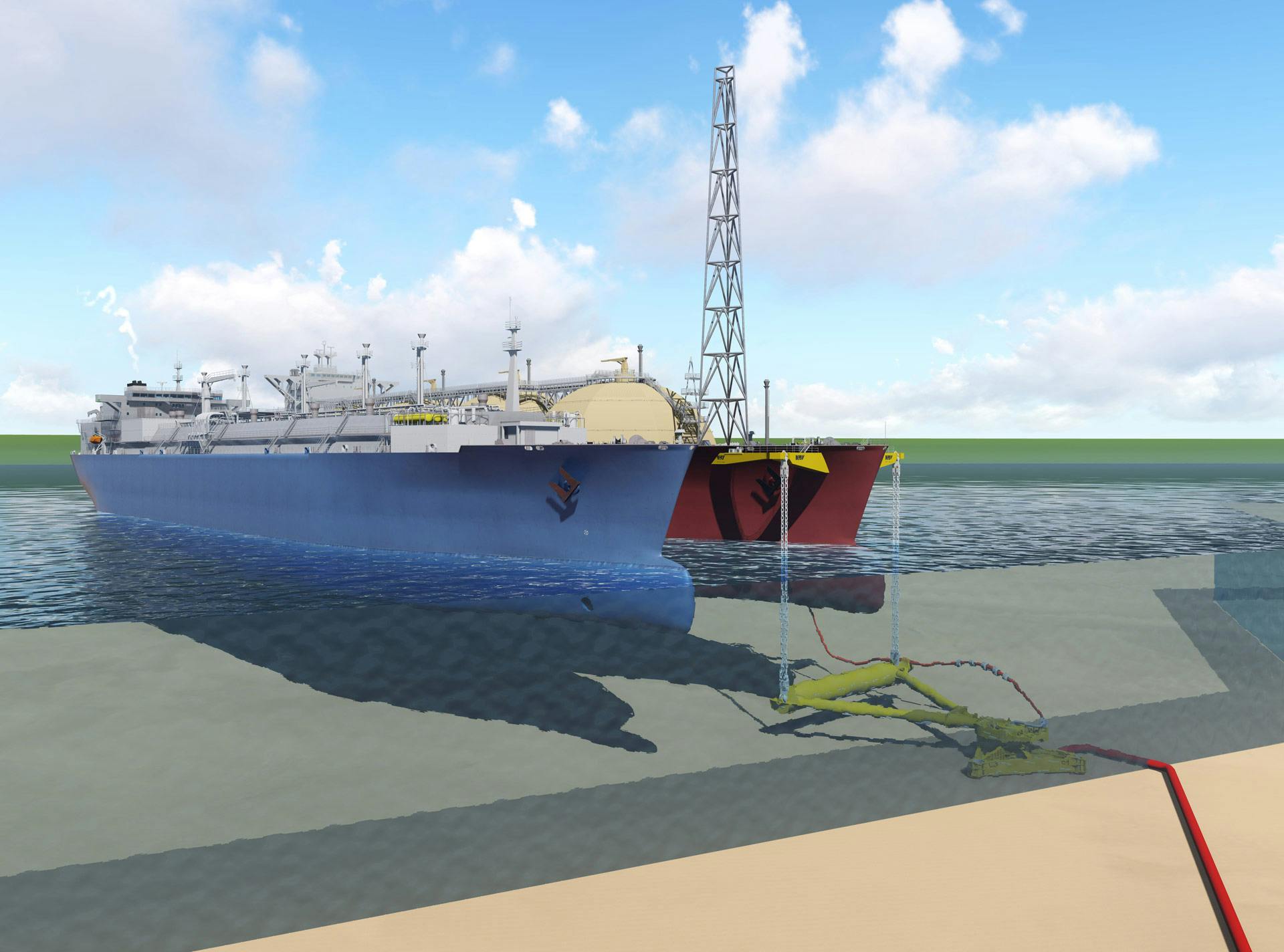 Render with an angled view of two tankers side-by-side and an underwater view of the Submerged Swivel and Yoke 