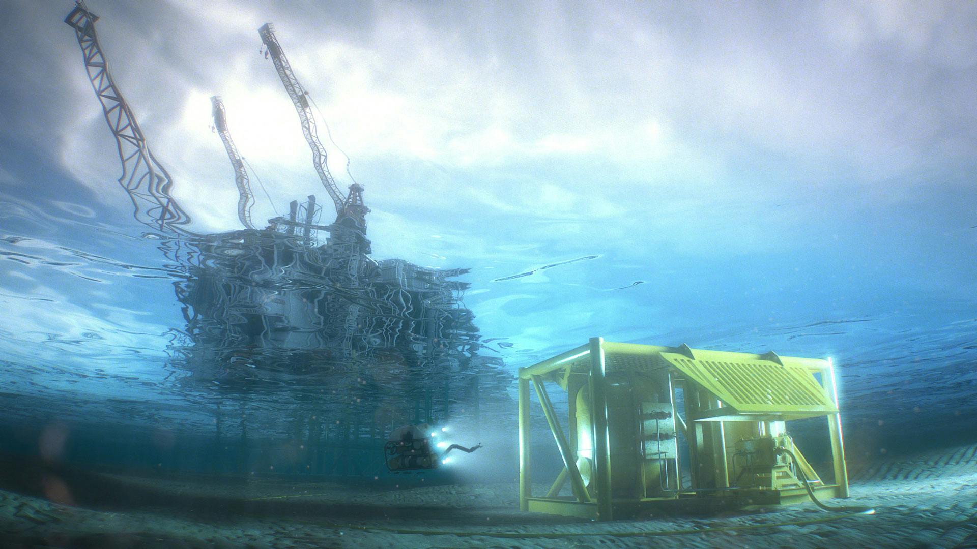 Image of subsea storage underwater, with a rig in the background above water