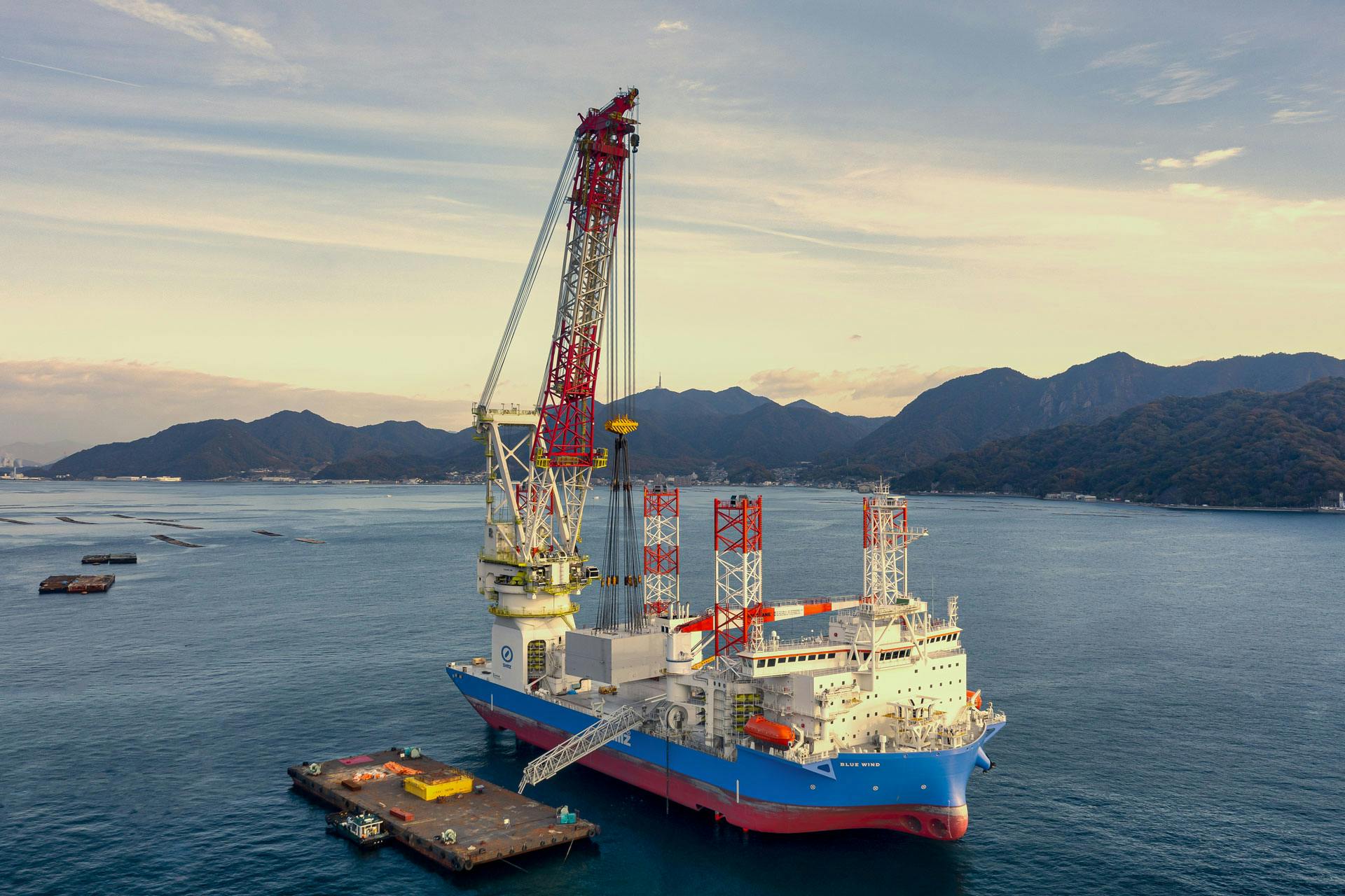 Shimizu Telescopic Leg Crane, offshore with mountains in the background