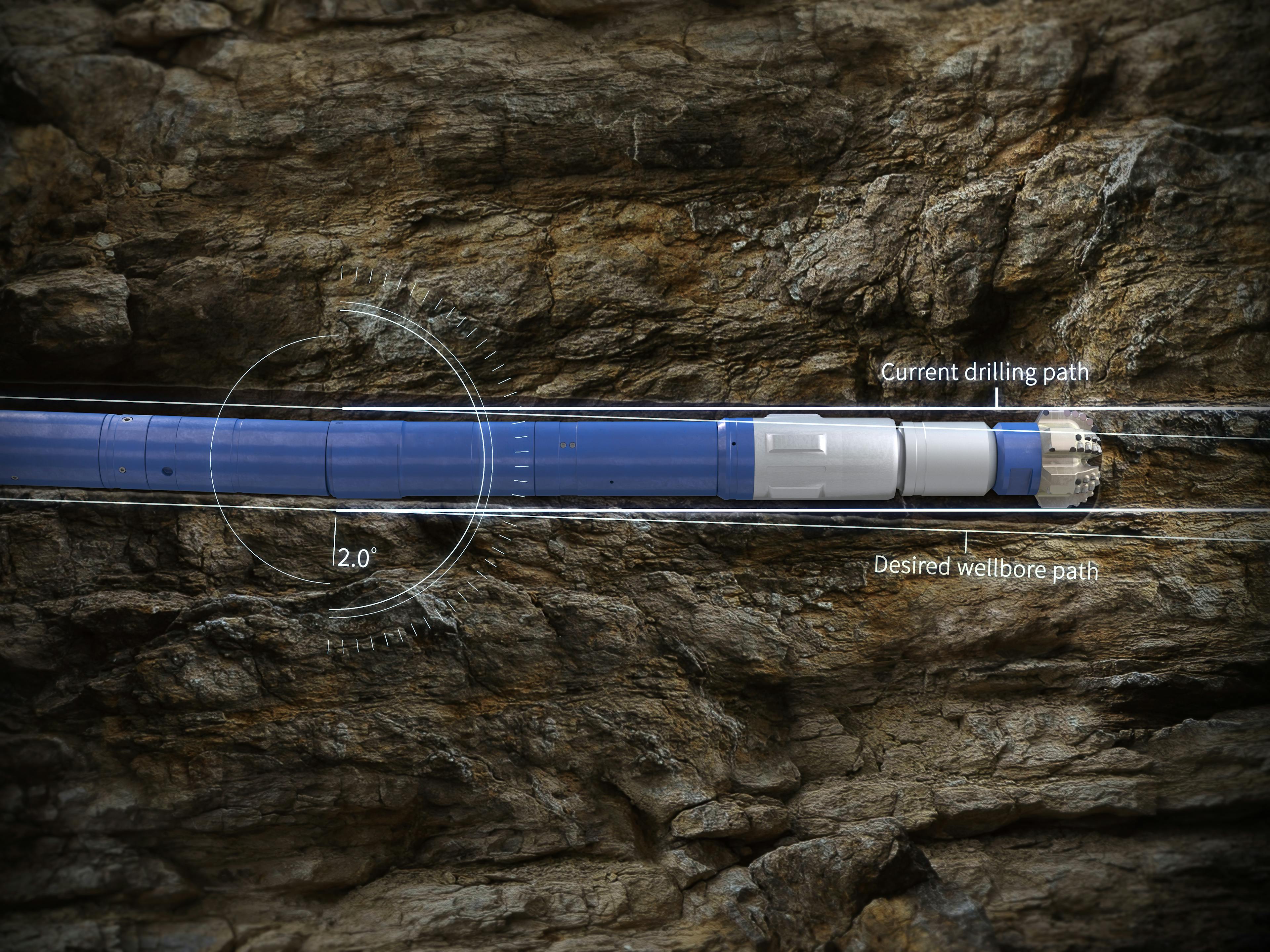 Render of the Vector Series 50 SelectShift Downhole Adjustable Motor while downhole; blue motor on brown earth background