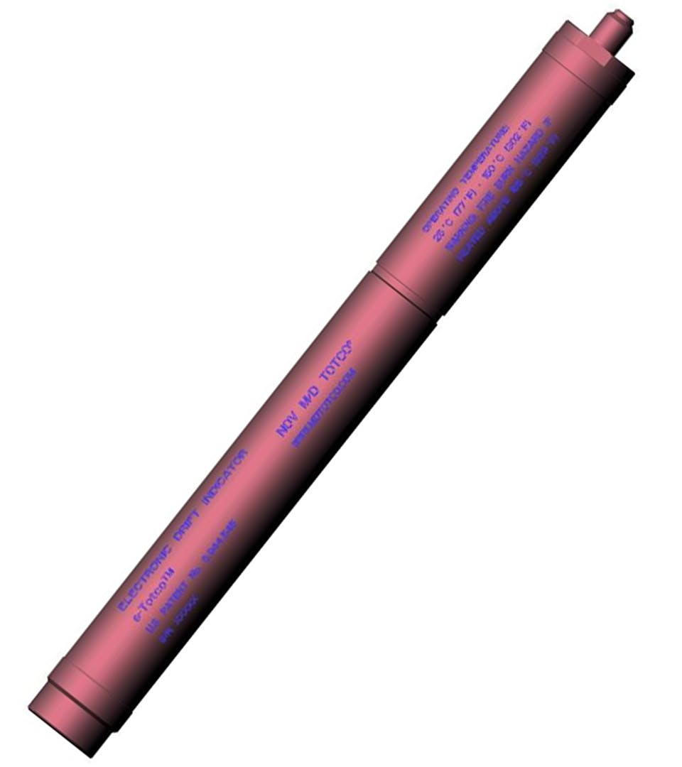 A render of a red tool used as part of the E-Totco electronic drift survey tool