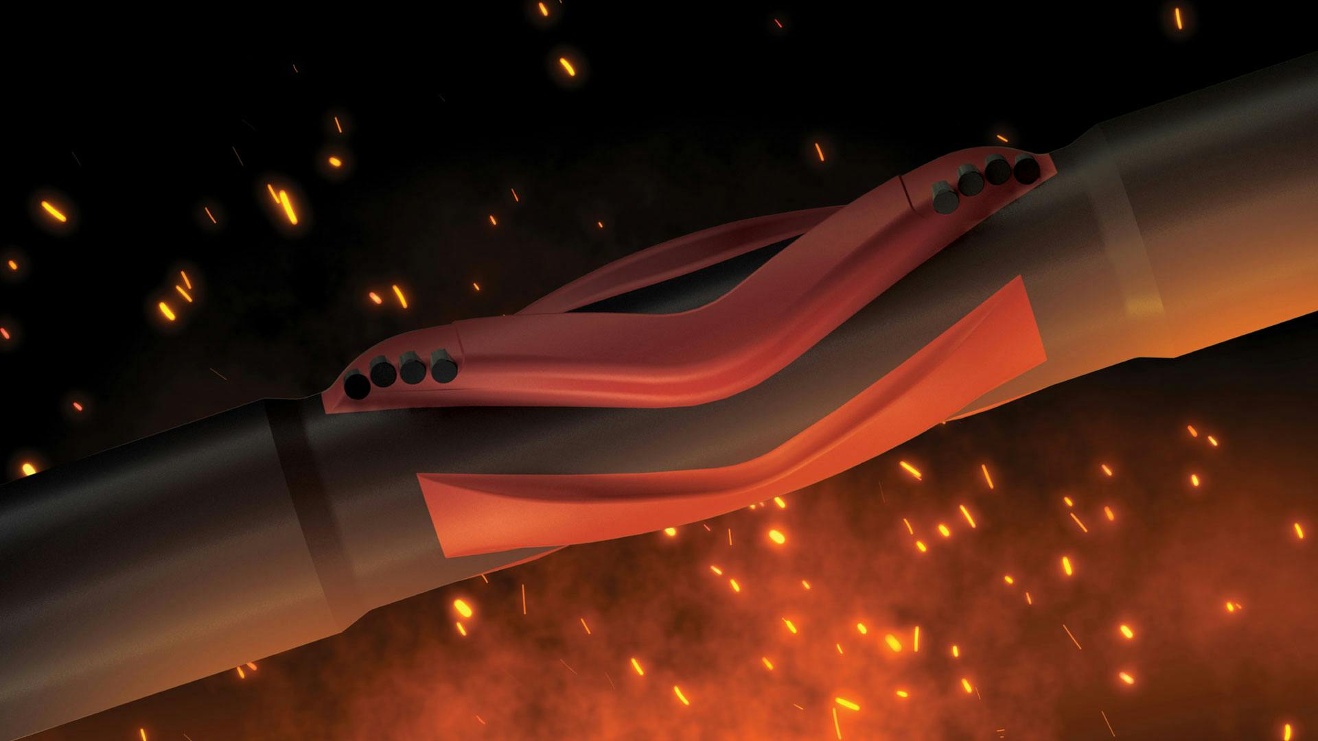 Close up side render of the WBT ReedHycalog Fuego Reamer with sparks flying