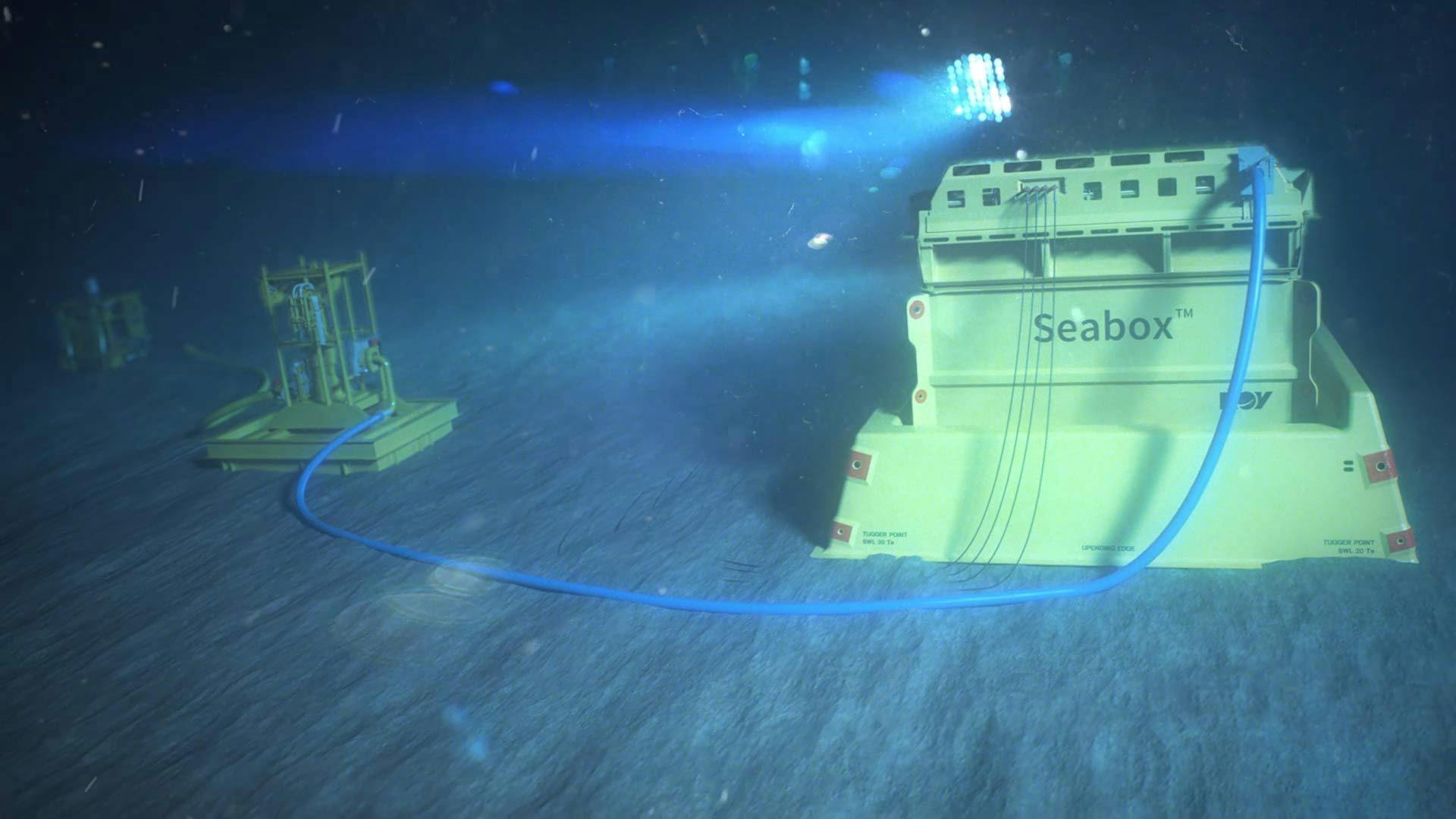 A render of a Seabox water treatment system underwater
