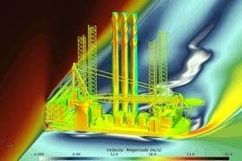 CFD simulation of wind flow around an offshore oil rig.