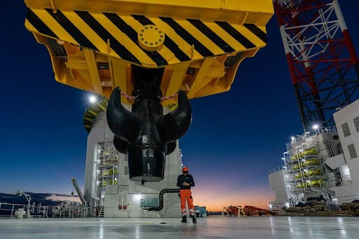 Worker under a massive yellow crane hook on an industrial deck at sunset.