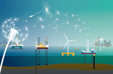 Dandelion seeds transform into offshore wind turbines and platforms over water.