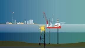 Offshore oil rigs with distant city.