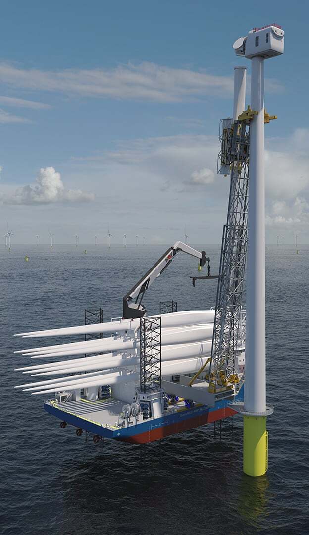 Offshore wind turbine installation vessel with blades on deck and crane working on a turbine.