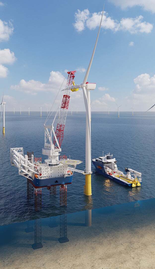 Offshore wind farm installation: jack-up vessel erects turbine, support ship, seabed view.