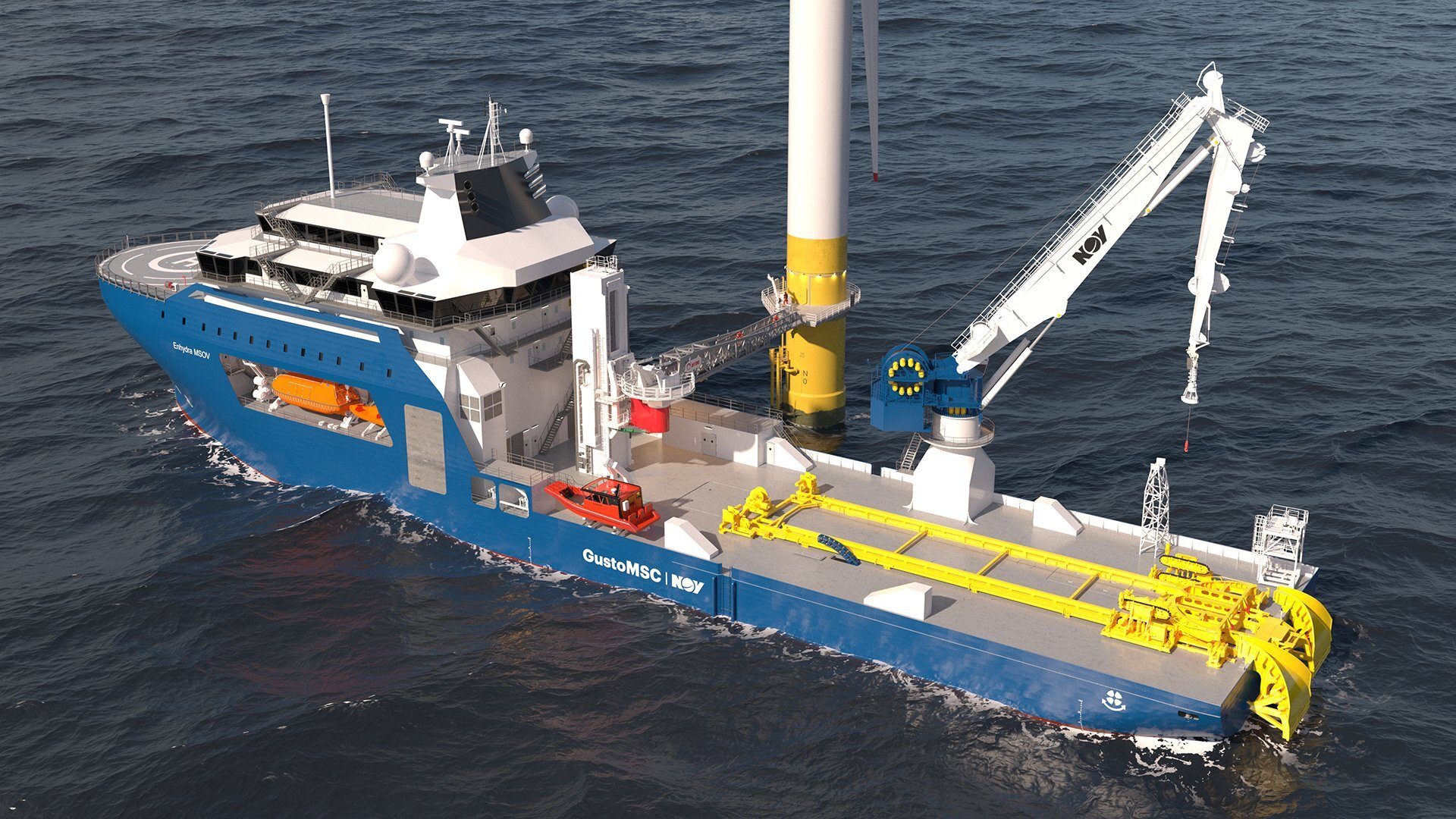 Enhydra MSOV offshore vessel with a crane and gangway connecting to a wind turbine foundation.