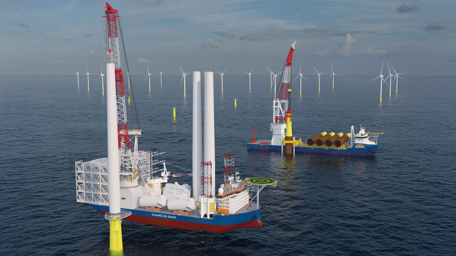 Two specialized vessels constructing an offshore wind farm, with numerous wind turbines visible in the distance.
