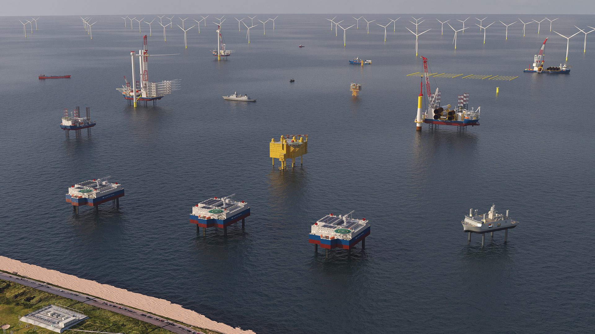 An aerial view of an offshore wind farm with numerous construction vessels and floating platforms.