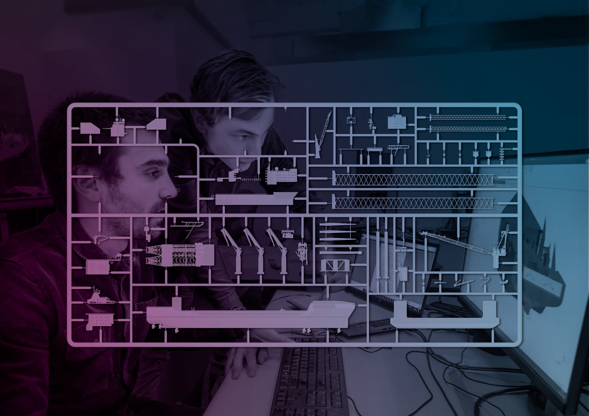 Two people viewing a computer screen, overlaid with a ship model kit.