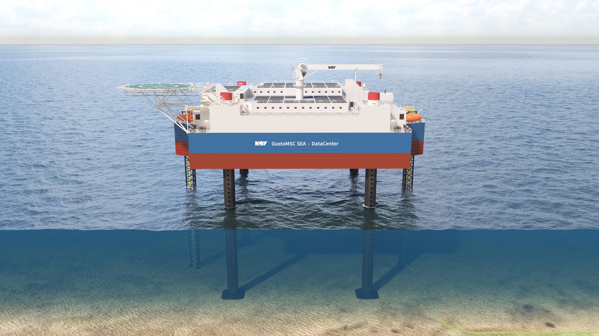An offshore jack-up platform, labeled 'NOV GustoMSC SEA - DataCenter', in the middle of the ocean.