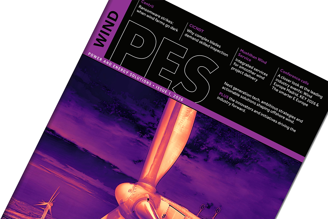 Magazine cover for 'PES WIND' featuring a thermal-colored wind turbine blade against a purple sky.
